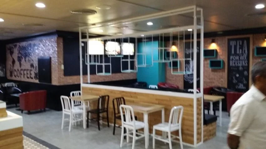 Cafe service counter and stools